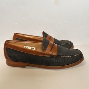 Johnston Murphy Loafers Mens 10M Navy Canvas Brown Leather Accent Slip On Shoes